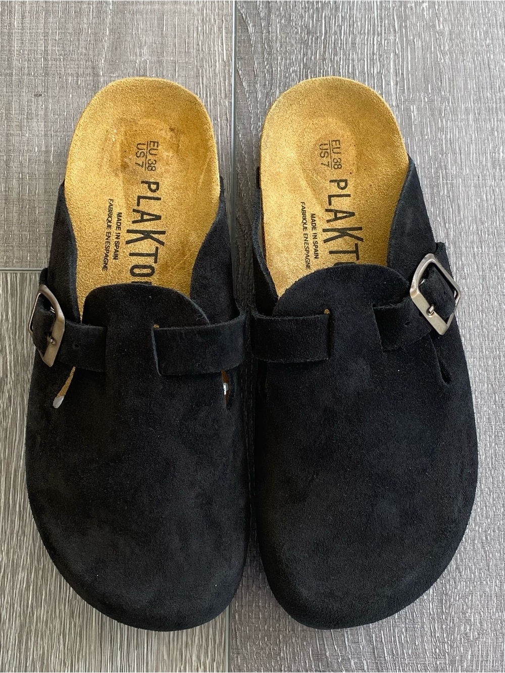 Plakton Black Suede Clogs Women's Size 7 Adjustable Buckle Mules Spain